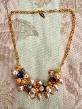 George Gold Chain Statement Necklace with Faux Pink Pearls and Multicolor Beads